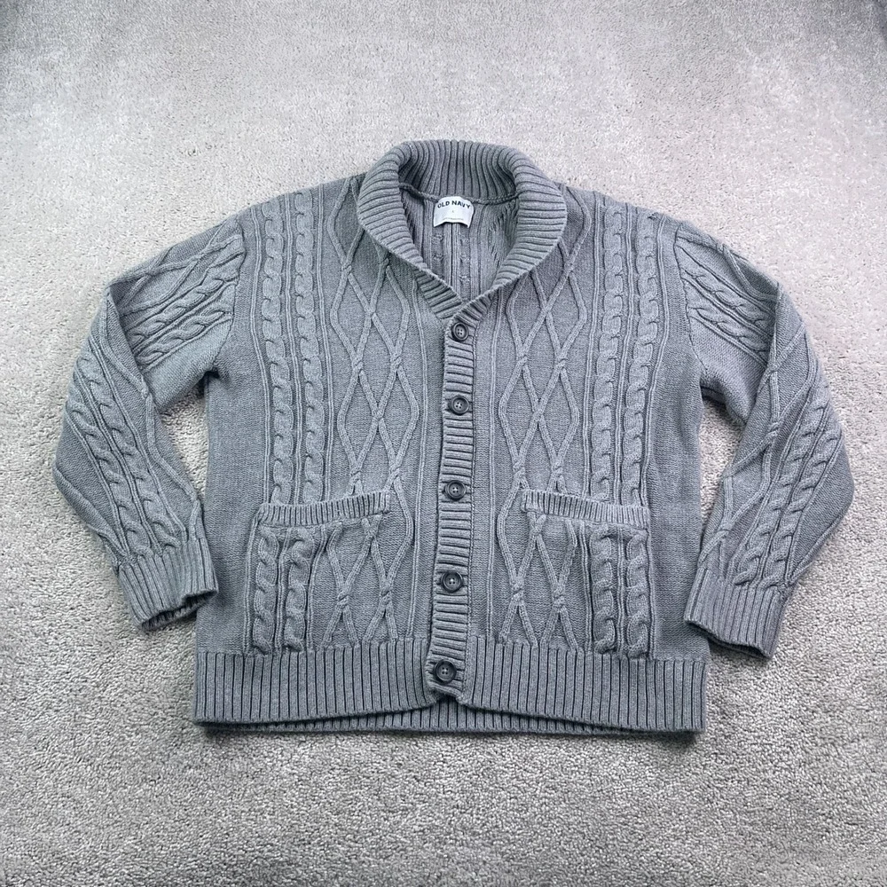 Old Navy Sweater Mens Large Gray Shawl Collar Cable Knit Button Up Cardigan Cozy